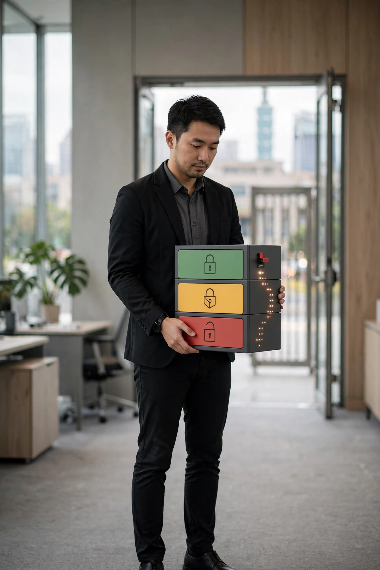 企業 AI 代理授權治理示意圖，呈現權限分級、人審機制與可追溯紀錄三大支柱