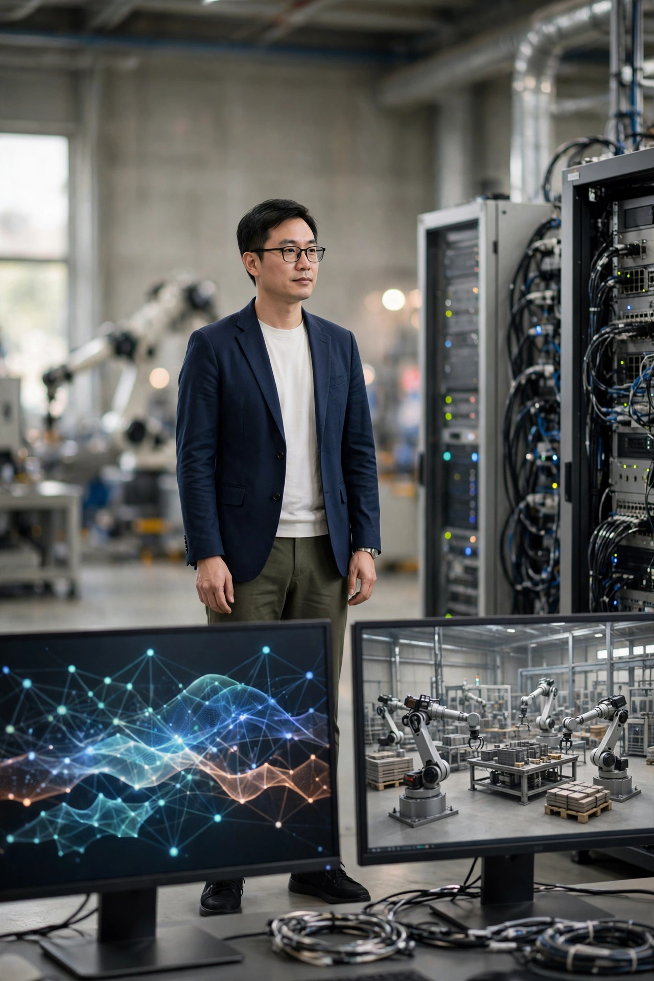 工業 AI 世界模型與 LLM 差異示意圖，呈現產線數位孿生與語言模型對話介面的分工