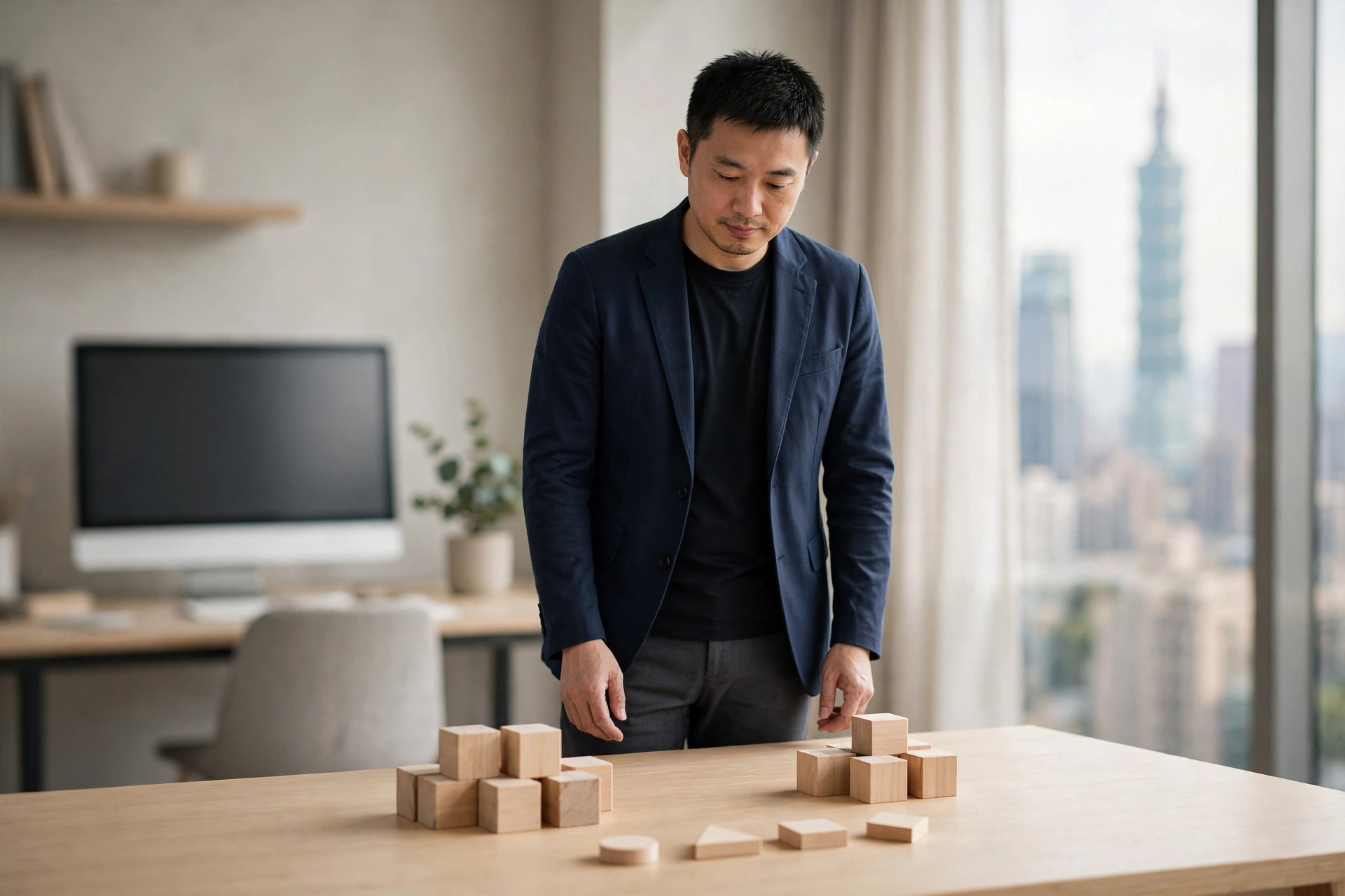 企業 AI 自建或外購決策示意圖，呈現自建、外購與混合架構三條路徑