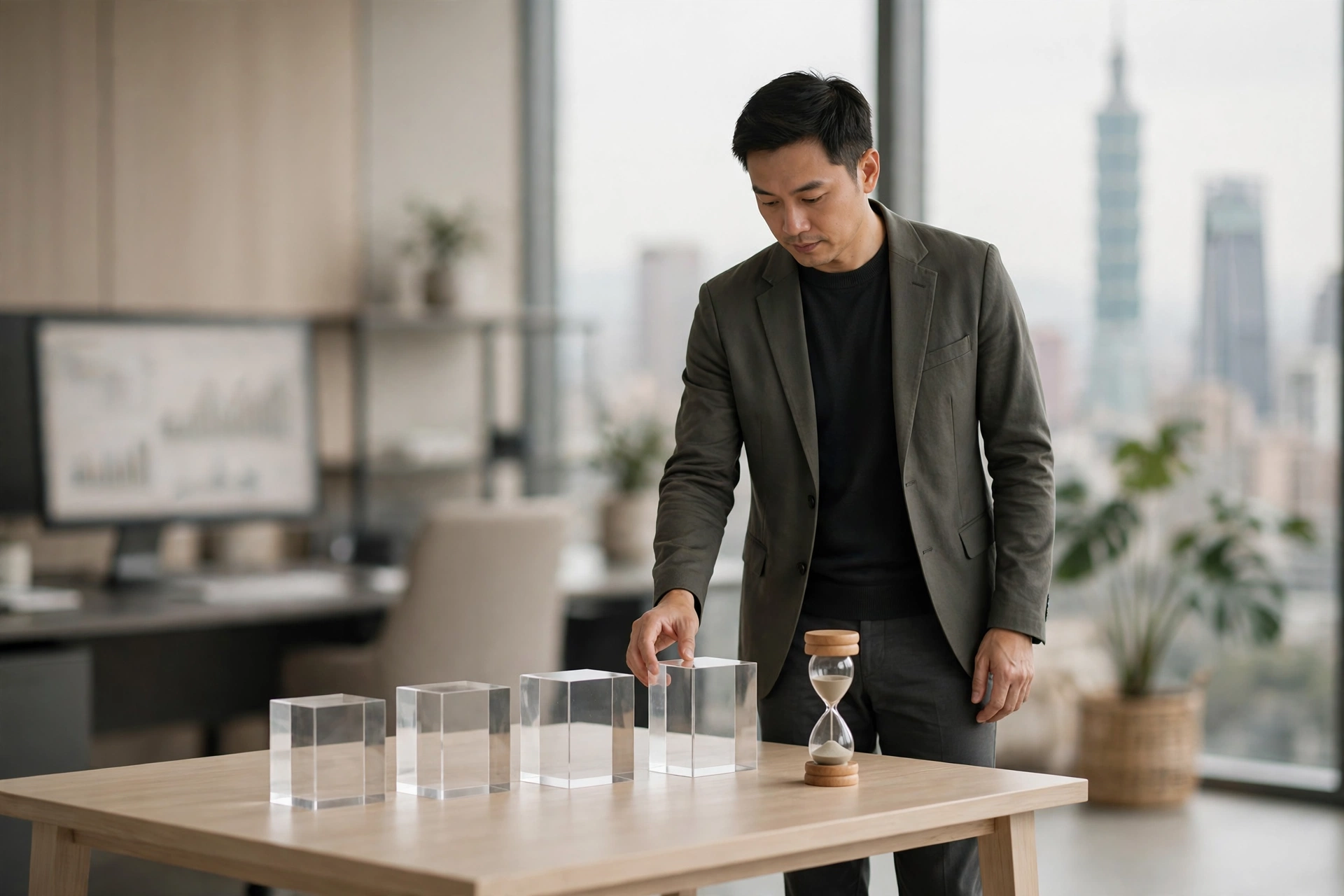 中階主管在會議室向高層提報 AI 轉型提案,桌面上是一頁式價值語言與階段驗收設計圖